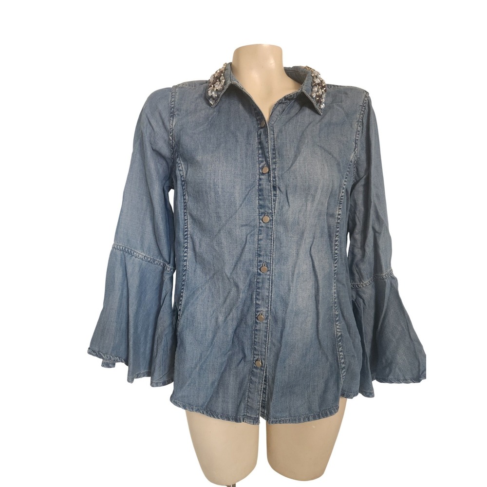 Reba Denim Button-Down Shirt with Embellished Collar - Light Blue